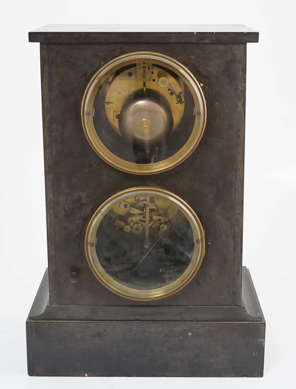 A late 19th century French black slate calendar mantel clock